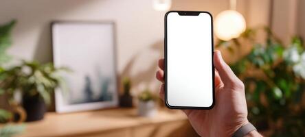 The smartphone held in a hand against a stylish modern interior background photo