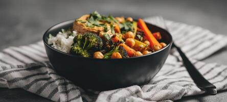 The vibrant bowl of colorful vegetables and rice on a striped cloth. photo