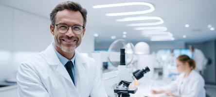 The scientist smiling confidently near a microscope in a modern laboratory setting. photo