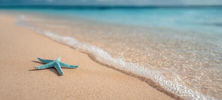 The starfish resting gracefully on the sandy beach by the turquoise ocean. photo