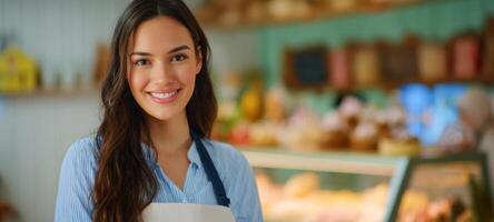 The smiling woman in an apron at a bright and inviting bakery. photo