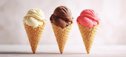 The delicious ice cream cones featuring vanilla, chocolate, and strawberry flavors. photo