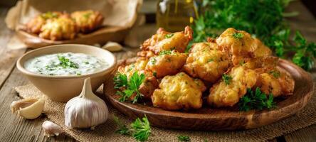 The delicious platter of crispy fried snacks with yogurt dip and fresh herbs. photo