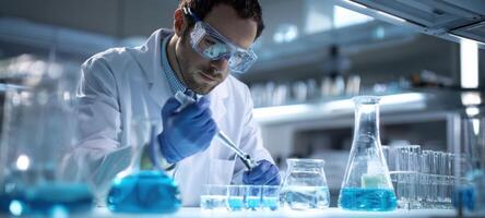 The scientist conducting an experiment with precision in a modern laboratory setting. photo