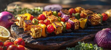 The tantalizing array of colorful skewers grilled to perfection on a wooden board. photo