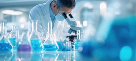 The scientist examining samples through a microscope in a modern laboratory. photo