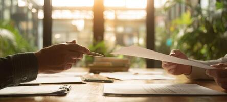 The hands exchanging documents in a sunlit office meeting setting. photo