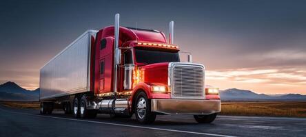 The red truck parked on highway during a scenic sunset landscape. photo