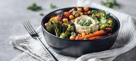 The vibrant bowl of healthy vegetables and hummus served on a table. photo