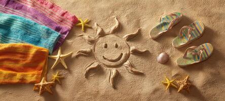 The cheerful sun design crafted in sand on a beautiful beach setting. photo