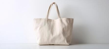 The stylish beige tote bag on a minimalist background for versatile use. photo