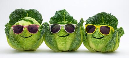 The cheerful cabbages wearing sunglasses showing off their playful personalities. photo