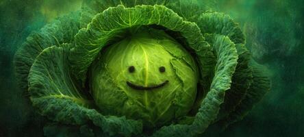 The joyful cabbage smiling with a whimsical face among lush green leaves. photo