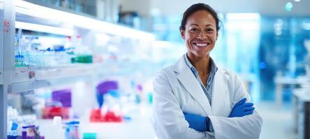 The smiling scientist standing confidently in a modern laboratory setting. photo