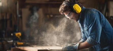 The focused carpenter working diligently in a busy woodworking shop. photo