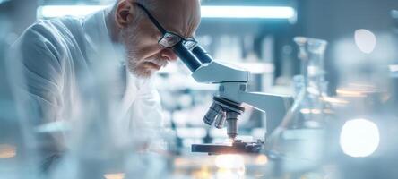 The scientist examining samples using a high-powered microscope in a modern laboratory. photo