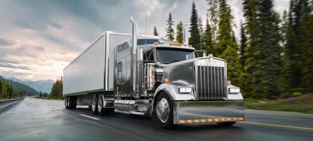 The gleaming truck driving on a scenic highway through lush landscapes. photo