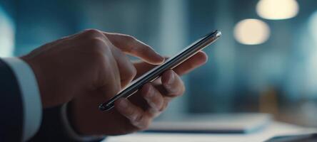 The hand holding a smartphone in a modern office environment. photo