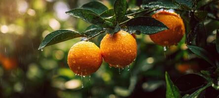 The vibrant oranges glistening with raindrops on a lush green branch. photo