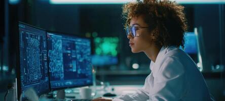 The focused woman analyzing data at a high-tech workstation in an urban environment. photo