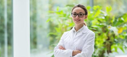 The confident scientist smiling in a modern laboratory surrounded by greenery. photo