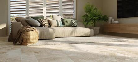 The modern living room featuring a stylish couch and inviting decor. photo