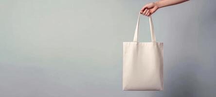 The elegant hand holding a blank canvas tote bag with a minimalist background. photo