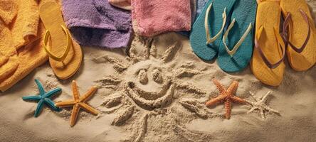 The cheerful scene of a sunny beach with colorful towels and flip-flops. photo