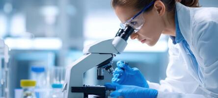 A woman in a lab coat looking at a microscope photo