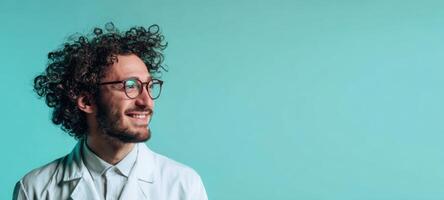 The smiling scientist in a lab coat with curly hair against a blue background. photo