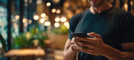 A man is using his phone in a restaurant photo