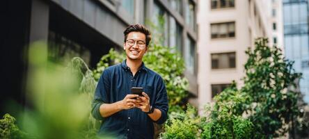A young man is smiling while holding his phone photo