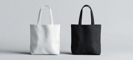 Two black and white tote bags on a gray background photo