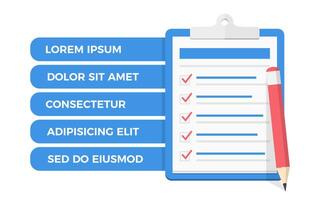 Check list on clipboard with five check boxes, red pencil and place for your text vector
