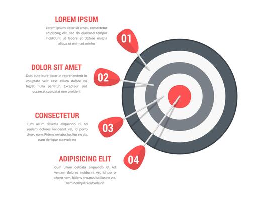 Grey yarget with four arrows with numbers and text, infographic template, vectpr eps10 illustration