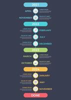 Vertical timeline infographics template with place for years and months, dark background vector