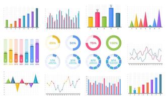 Set of bar graphs and line charts, circle progress indicators vector