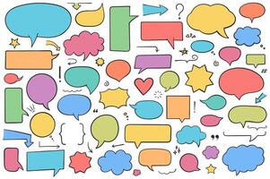 Collection of hand drawn speech bubbles, arrows and other design elements, solid shapes, bright colors for white text vector