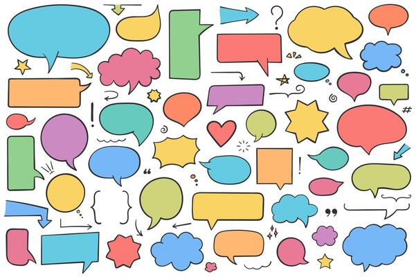 Collection of hand drawn speech bubbles, arrows and other design elements, solid shapes, bright colors for white text
