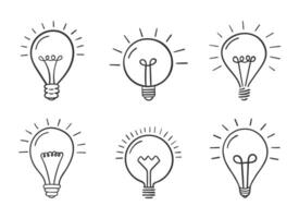 Set of 6 hand drawn lightbulbs on white background, idea, solution concept vector