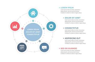 Circle diagram template with five steps or options, process infographics vector