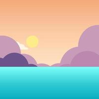 A serene landscape featuring a calm ocean under a pastel sky. The sun sets on the horizon, casting warm colors over fluffy clouds. vector