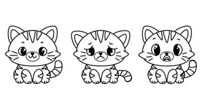 Three cute cartoon kittens with different facial expressions. Each kitten has stripes and large eyes, sitting in a row against a white background. vector