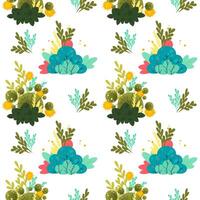 A seamless pattern of colorful plants and foliage. The design features various green leaves, flowers, and abstract shapes on a white background. vector