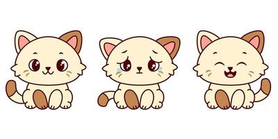 Three cute cartoon Siamese kawaii kittens with different facial expressions. smiling, crying and happy. Each cat has different facial features and a playful design. vector
