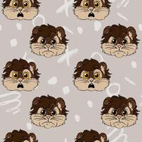 A playful pattern featuring cartoon lion faces with brown fur and expressive eyes on a light gray background. The design is whimsical and suitable for children's products. vector