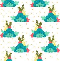 A seamless pattern featuring colorful abstract shapes resembling clusters of vegetables, with green leaves and red accents on a white background. vector