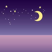 A serene night sky with a crescent moon and scattered stars against a gradient purple background. The scene evokes a calm and peaceful atmosphere. vector