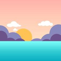 A serene sunset over a calm ocean. The sky features soft pink and purple hues with fluffy clouds. The sun is setting on the horizon, reflecting on the water. vector
