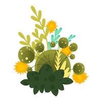 A vibrant arrangement of various green plants and yellow flowers. The scene features round green shapes and leafy elements, creating a lively botanical composition. vector